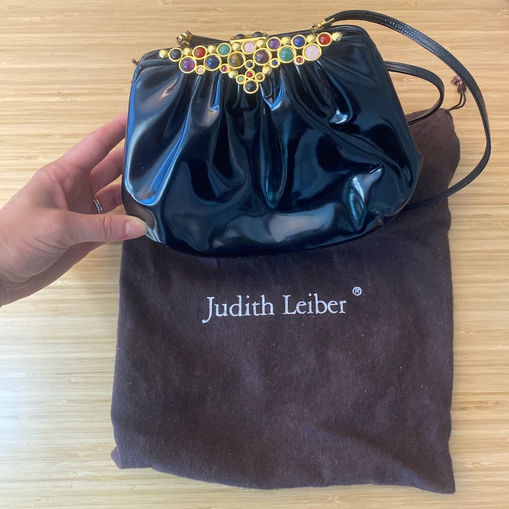 Judith Leiber DESIGNER Patent Leather Crossbody Clutch with Multicolor Detail
